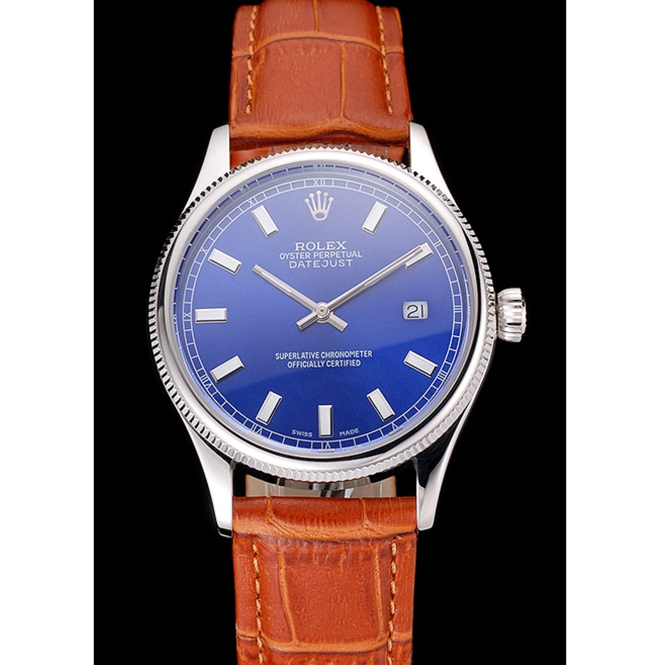 Aaa replica watch Case Leather Datejust Stainless Blue Swiss Brown Dial Steel Strap Rolex Light 0816